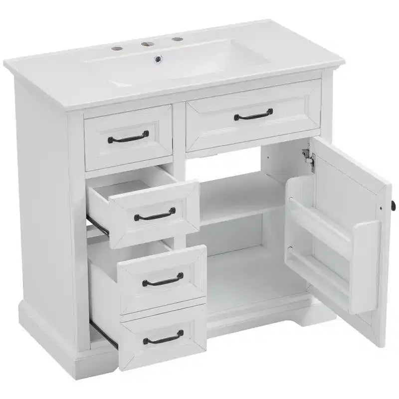 MAYEERTY 36 Mobile Bagno Lavabo in Ceramica 4 Cassetti 1 Anta con Chiusura Ammortizzata Maniglie in Metallo Indipendente Nero