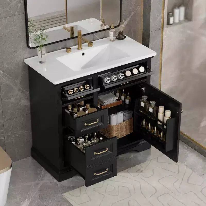 MAYEERTY 36 Mobile Bagno Lavabo in Ceramica 4 Cassetti 1 Anta con Chiusura Ammortizzata Maniglie in Metallo Indipendente Nero
