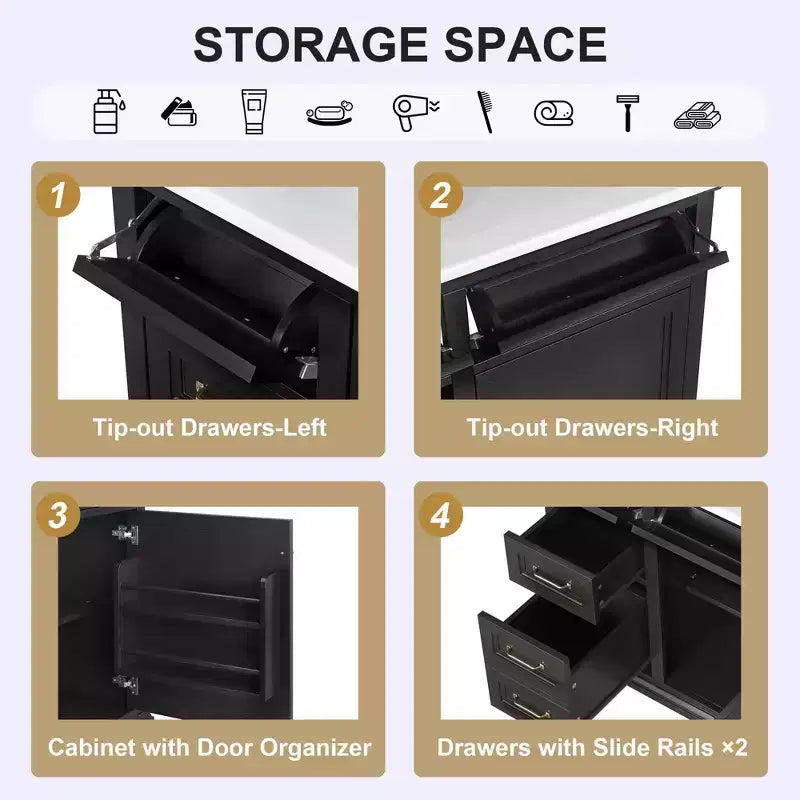 MAYEERTY 36 Mobile Bagno Lavabo in Ceramica 4 Cassetti 1 Anta con Chiusura Ammortizzata Maniglie in Metallo Indipendente Nero