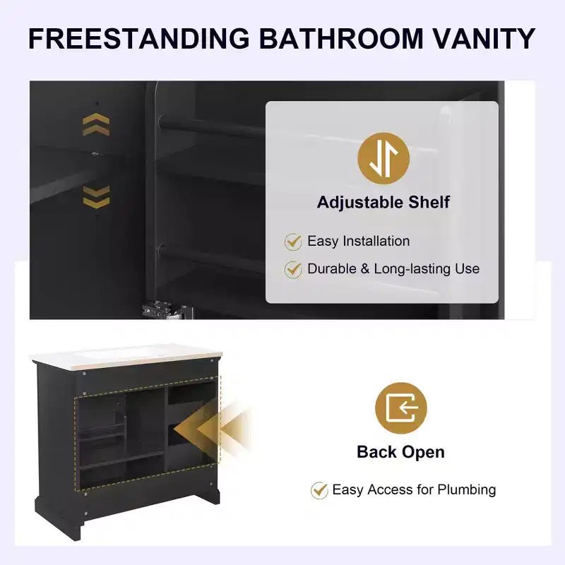 MAYEERTY 36 Mobile Bagno Lavabo in Ceramica 4 Cassetti 1 Anta con Chiusura Ammortizzata Maniglie in Metallo Indipendente Nero