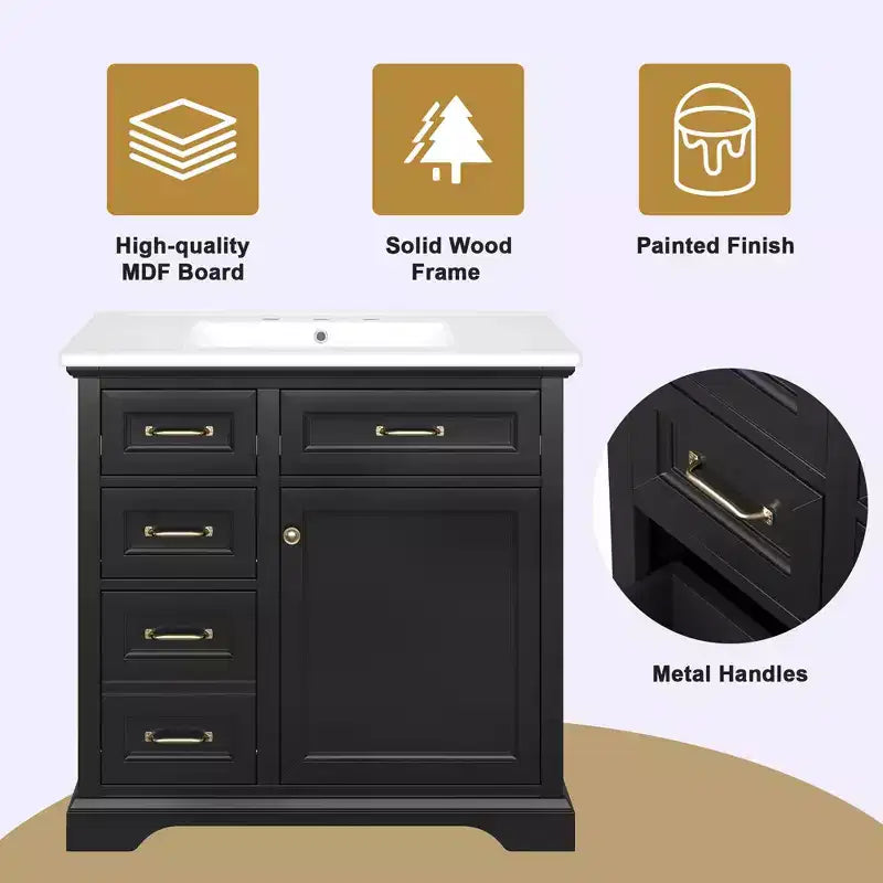 MAYEERTY 36 Mobile Bagno Lavabo in Ceramica 4 Cassetti 1 Anta con Chiusura Ammortizzata Maniglie in Metallo Indipendente Nero
