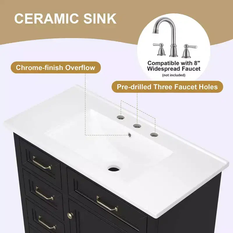 MAYEERTY 36 Mobile Bagno Lavabo in Ceramica 4 Cassetti 1 Anta con Chiusura Ammortizzata Maniglie in Metallo Indipendente Nero