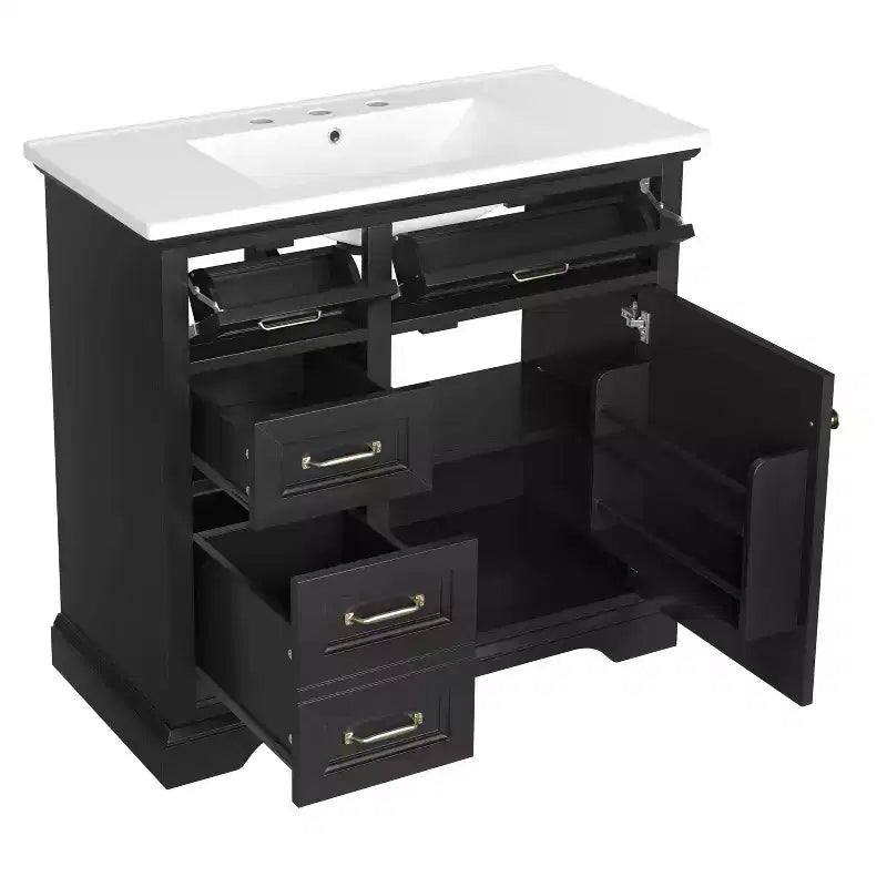 MAYEERTY 36 Mobile Bagno Lavabo in Ceramica 4 Cassetti 1 Anta con Chiusura Ammortizzata Maniglie in Metallo Indipendente Nero