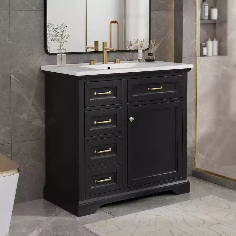 MAYEERTY 36 Bathroom Vanity Ceramic Sink Top 4 Drawers 1 Soft-Close Door Freestanding Metal Handles Black
