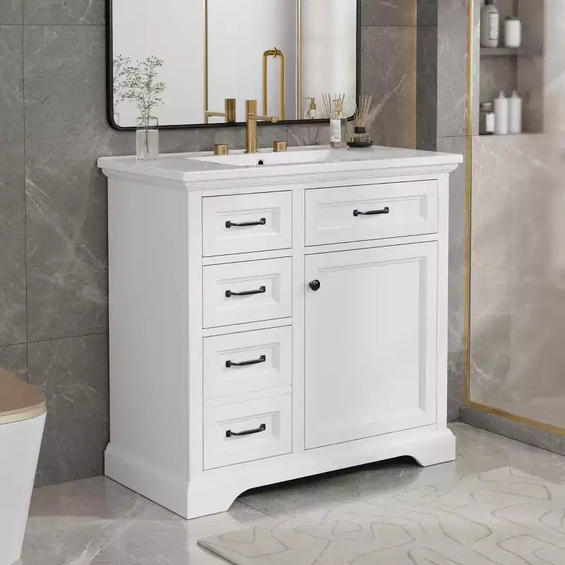 MAYEERTY 36 Mobile Bagno Lavabo in Ceramica 4 Cassetti 1 Anta con Chiusura Ammortizzata Maniglie in Metallo Indipendente Nero
