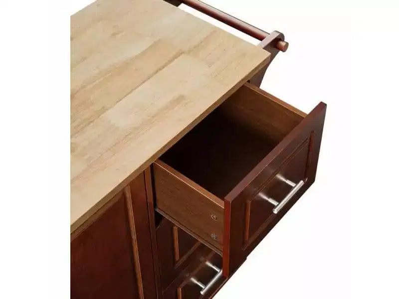 Carrello da cucina mobile con piano d'appoggio a ribalta, isola cucina su ruote con 3 cassetti, armadietto contenitore, marrone