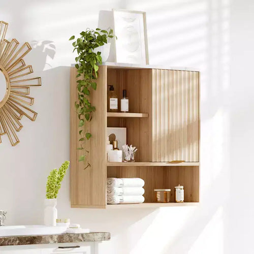 23Modern Fluted Wall Cabinet with Sliding Door, Faux Marble Top & Adjustable Shelf, Curved Medicine Cabinet for Bathroom or Laundry Room