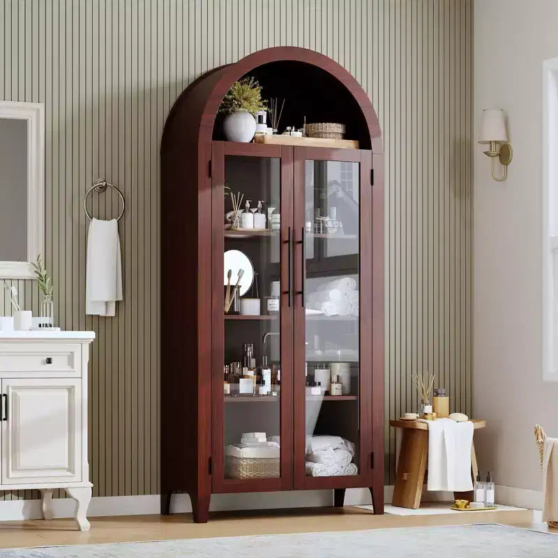 63.2 Mobile dispensa ad arco per cucina - Scaffale espositore a 5 ripiani in stile rustico con 2 grandi ante in vetro, per cucina, sala da pranzo, soggiorno