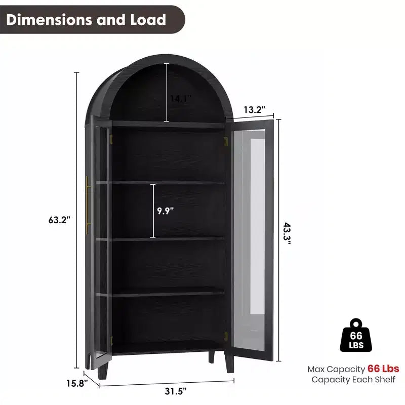 63.2 Mobile dispensa ad arco per cucina - Scaffale espositore a 5 ripiani in stile rustico con 2 grandi ante in vetro, per cucina, sala da pranzo, soggiorno