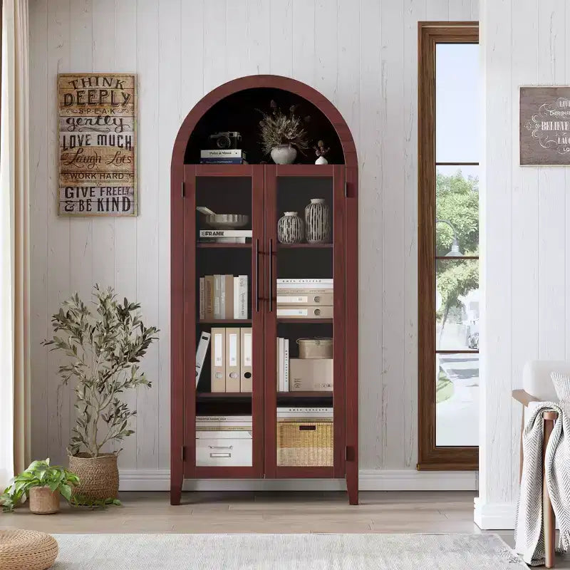63.2 Mobile dispensa ad arco per cucina - Scaffale espositore a 5 ripiani in stile rustico con 2 grandi ante in vetro, per cucina, sala da pranzo, soggiorno