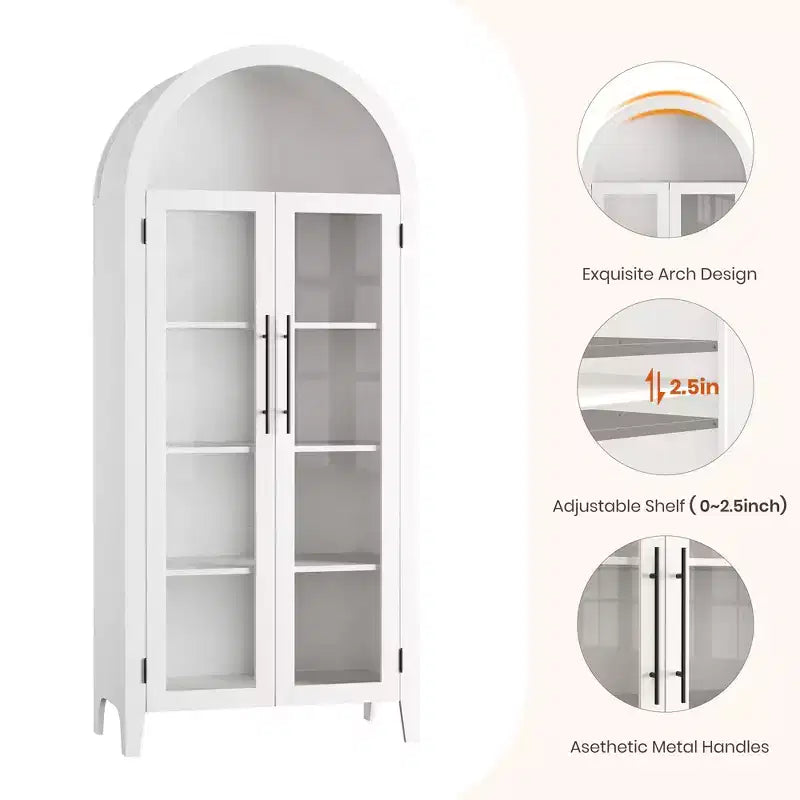 63.2 Mobile dispensa ad arco per cucina - Scaffale espositore a 5 ripiani in stile rustico con 2 grandi ante in vetro, per cucina, sala da pranzo, soggiorno