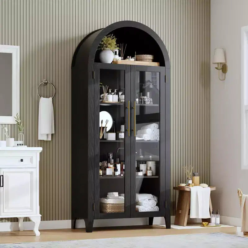 63.2 Mobile dispensa ad arco per cucina - Scaffale espositore a 5 ripiani in stile rustico con 2 grandi ante in vetro, per cucina, sala da pranzo, soggiorno