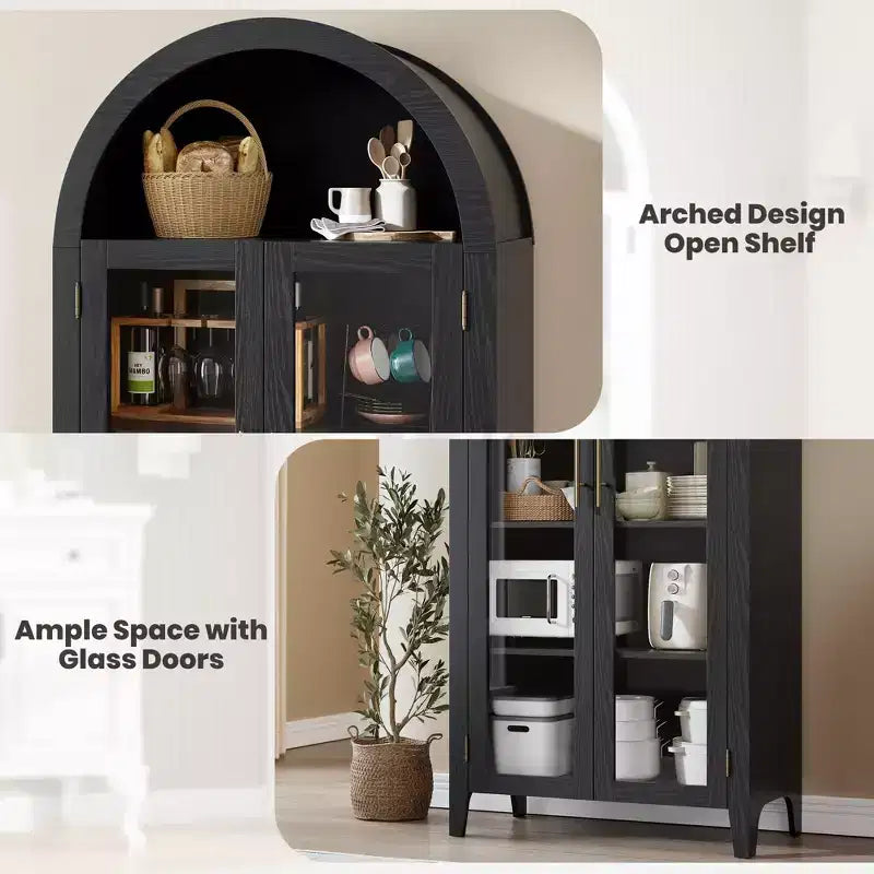63.2 Mobile dispensa ad arco per cucina - Scaffale espositore a 5 ripiani in stile rustico con 2 grandi ante in vetro, per cucina, sala da pranzo, soggiorno