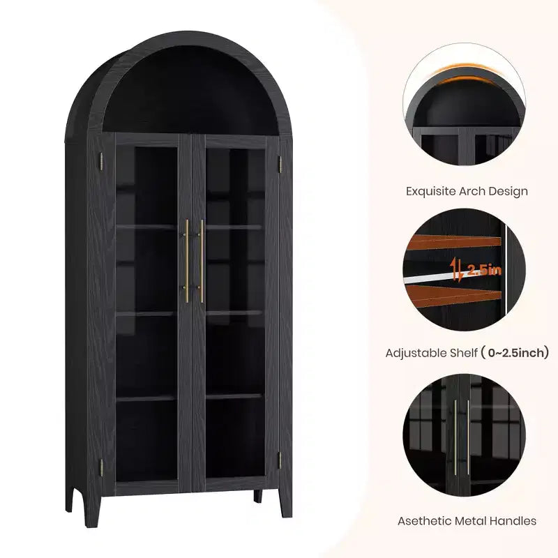 63.2 Mobile dispensa ad arco per cucina - Scaffale espositore a 5 ripiani in stile rustico con 2 grandi ante in vetro, per cucina, sala da pranzo, soggiorno