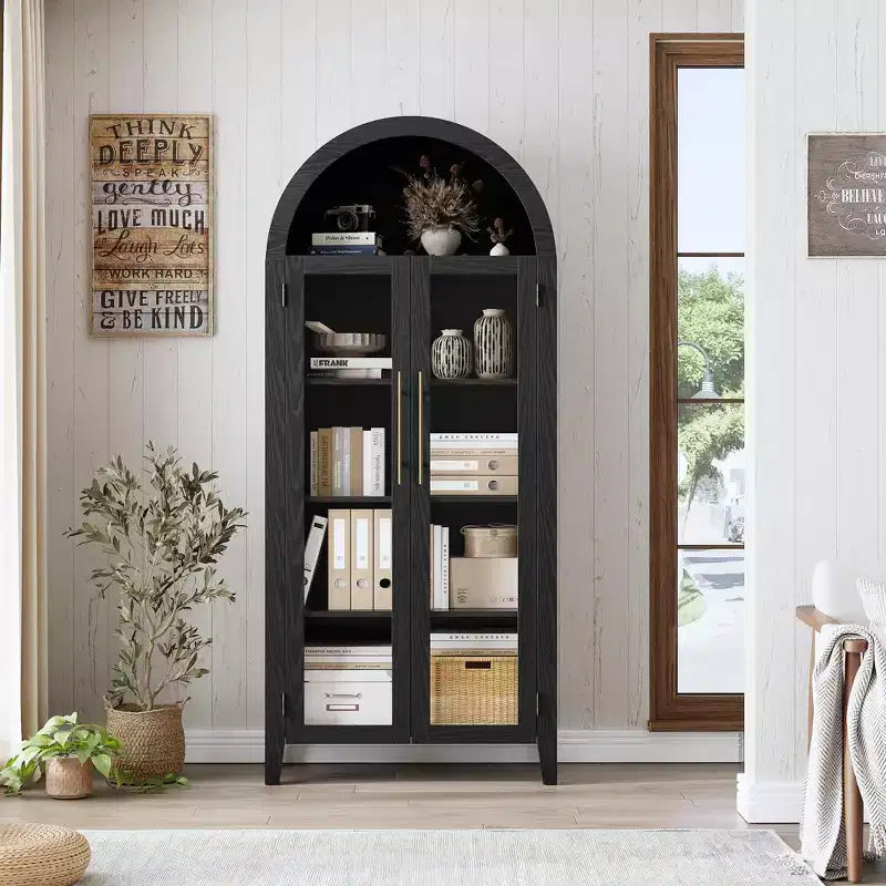 63.2 Mobile dispensa ad arco per cucina - Scaffale espositore a 5 ripiani in stile rustico con 2 grandi ante in vetro, per cucina, sala da pranzo, soggiorno