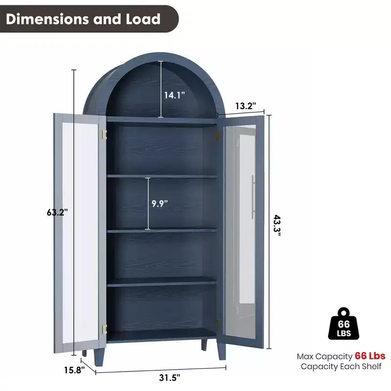 63.2 Mobile dispensa ad arco per cucina - Scaffale espositore a 5 ripiani in stile rustico con 2 grandi ante in vetro, per cucina, sala da pranzo, soggiorno