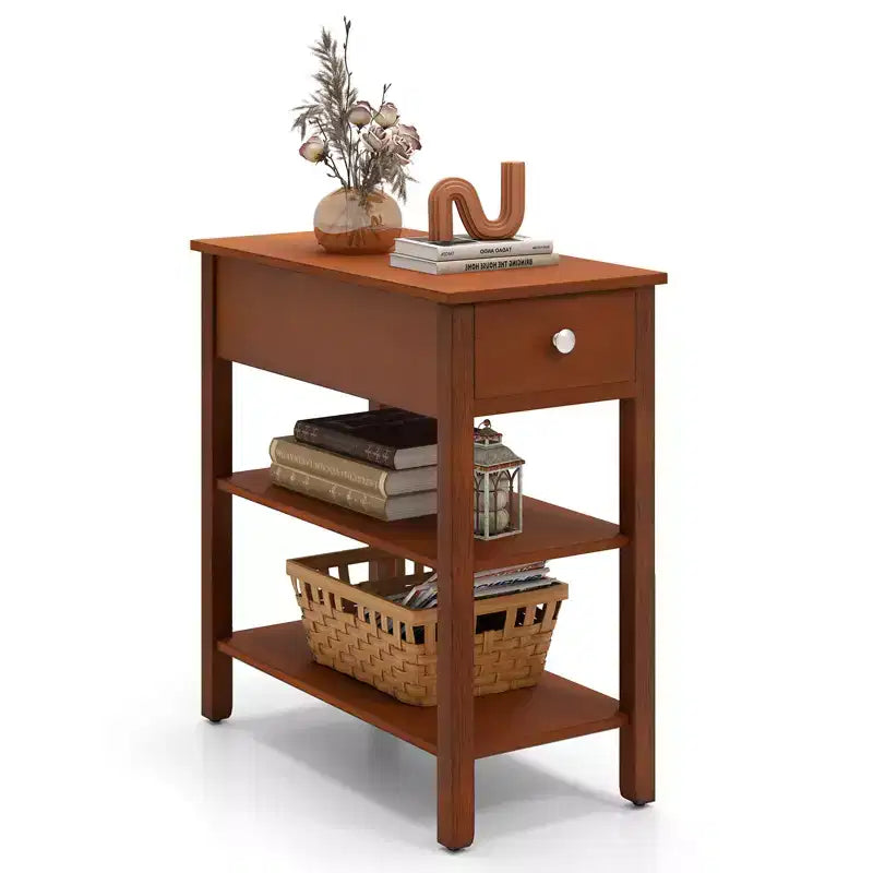 Costway Narrow End Tables w/Drawer Shelves & Rubber Wood Legs Sofa Side Table