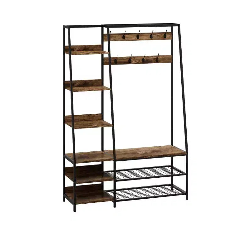 Costway 6-in-1 Freestanding Hall Tree Coat Rack w/ Bench & Fabric Dressers Rustic Brown