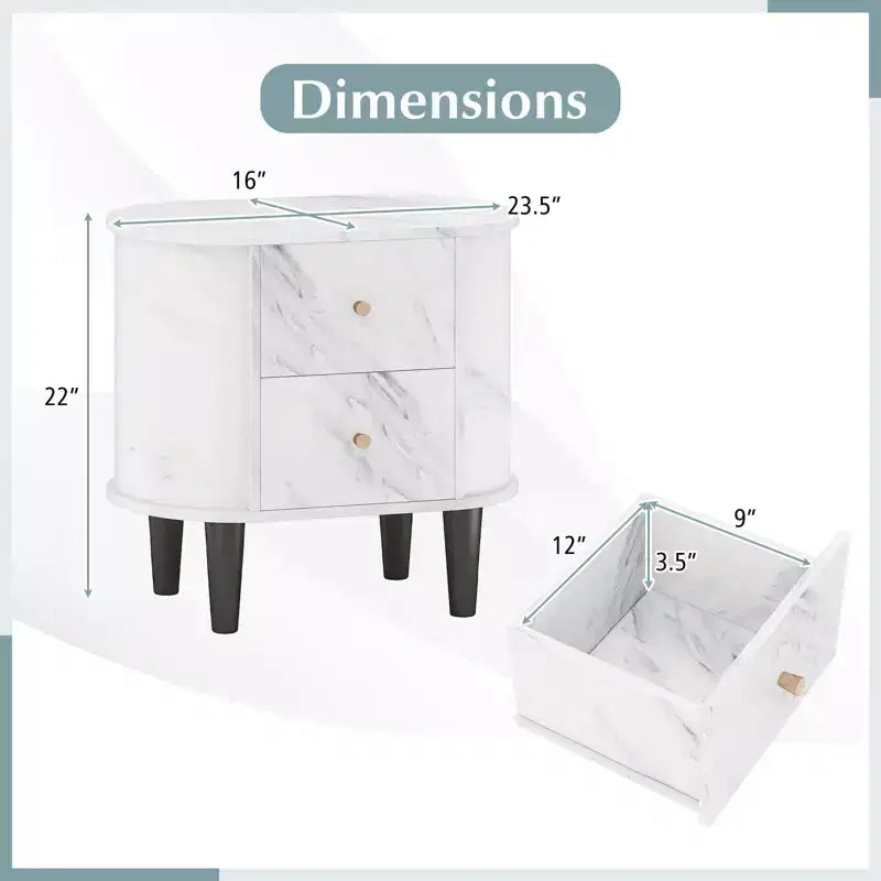 Costway 2 Comodini con 2 Cassetti Tavolino da Notte in Finto Marmo per Piccoli Spazi