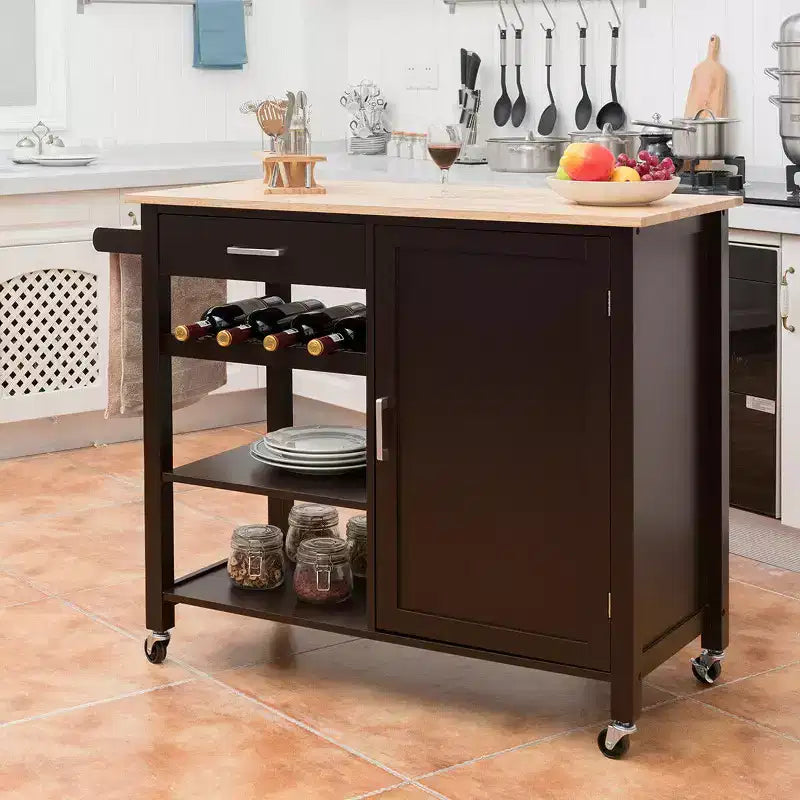 Costway Carrello da Cucina a 4 Ripiani in Legno con Mobiletto, Portabottiglie e Cassetto