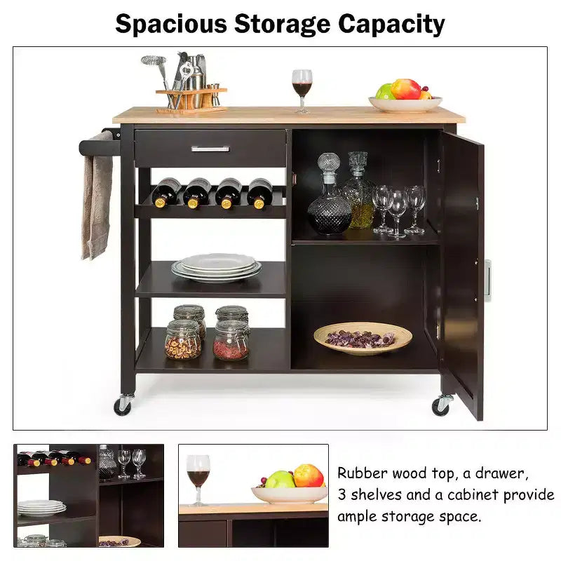Costway Carrello da Cucina a 4 Ripiani in Legno con Mobiletto, Portabottiglie e Cassetto