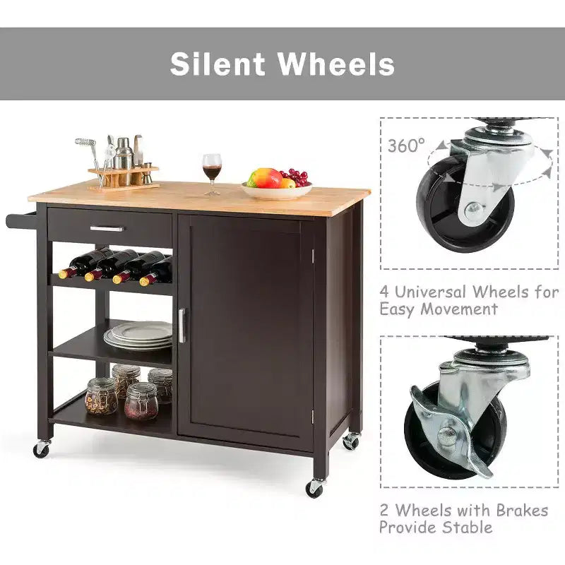 Costway Carrello da Cucina a 4 Ripiani in Legno con Mobiletto, Portabottiglie e Cassetto