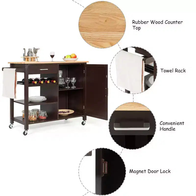 Costway Carrello da Cucina a 4 Ripiani in Legno con Mobiletto, Portabottiglie e Cassetto