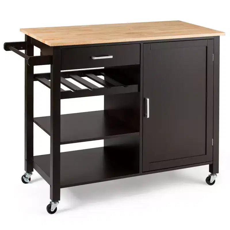 Costway Carrello da Cucina a 4 Ripiani in Legno con Mobiletto, Portabottiglie e Cassetto