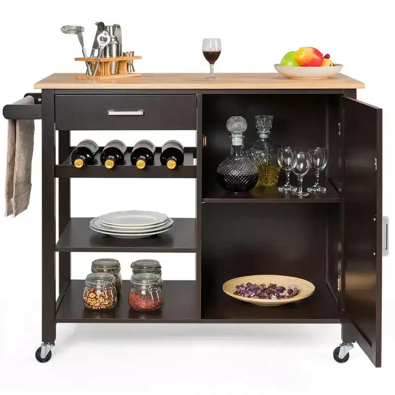Costway Carrello da Cucina a 4 Ripiani in Legno con Mobiletto, Portabottiglie e Cassetto
