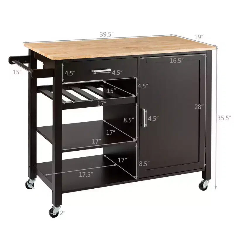 Costway Carrello da Cucina a 4 Ripiani in Legno con Mobiletto, Portabottiglie e Cassetto