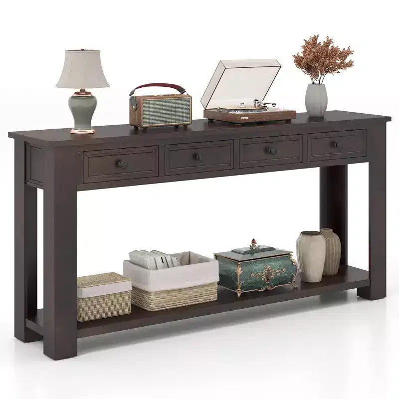 Costway 63 Farmhouse Entryway Table with 4 Storage Drawers and Open Shelf Espresso