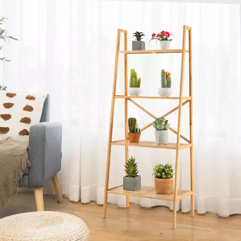 Costway 2 pz Scaffale a Scala a 4 Ripiani in Bambù Libreria Espositore Porta Piante