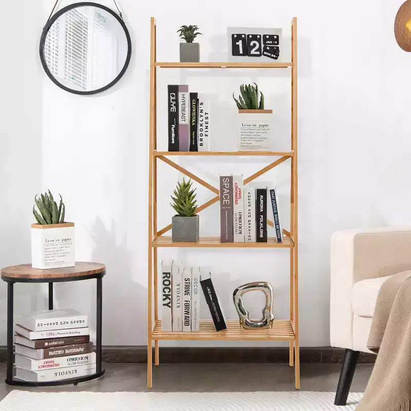 Costway 2 pz Scaffale a Scala a 4 Ripiani in Bambù Libreria Espositore Porta Piante