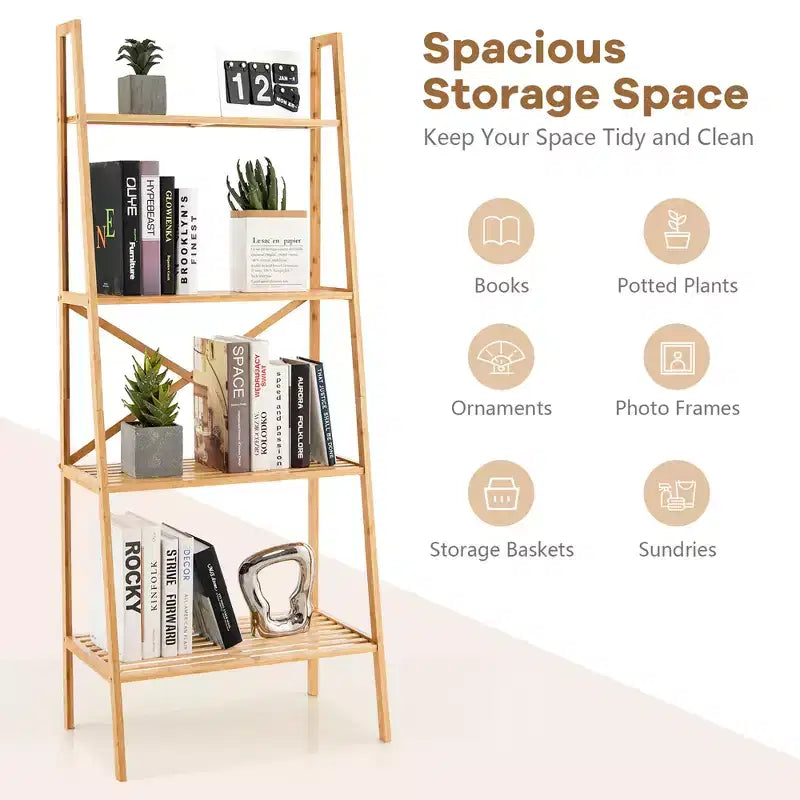 Costway 2 pz Scaffale a Scala a 4 Ripiani in Bambù Libreria Espositore Porta Piante