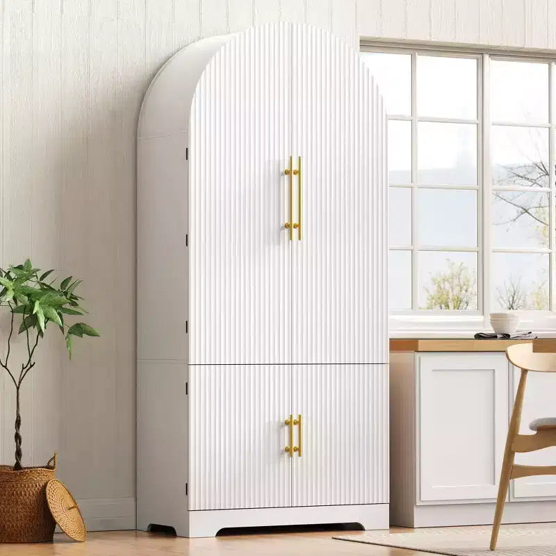 JVNOXK 72-inch High Arch Kitchen Storage Cabinet, featuring 8-tier door shelves and a recessed storage compartment with 3 adjustable shelves, white