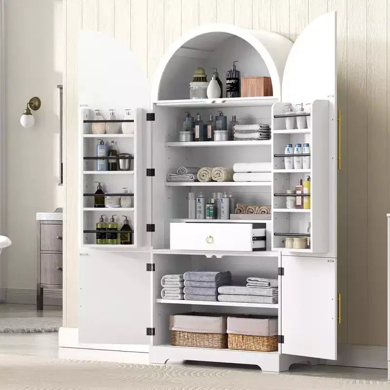 JVNOXK Armadietto da Cucina ad Arco Alto da 72 pollici, con mensole a 8 ripiani e un vano portaoggetti incassato con 3 ripiani regolabili, bianco
