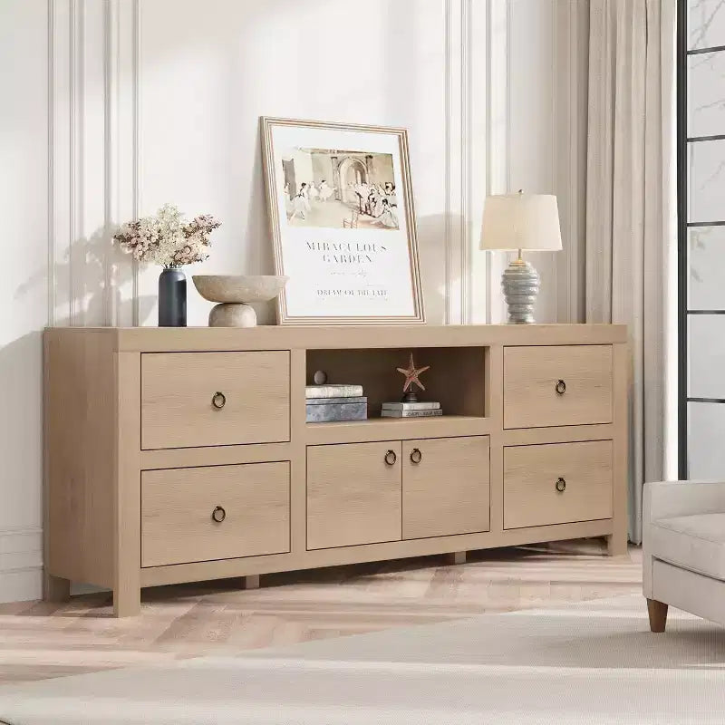 Mobile TV per televisori da 80 pollici, mobile da intrattenimento lungo con 6 cassetti portaoggetti e ripiano per soundbar, console TV marrone per soggiorno, camera da letto