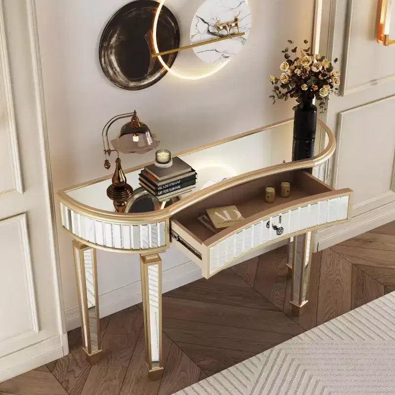 Tavolo consolle a specchio moderno da 47 pollici con cassetto, tavolo da ingresso a mezza luna per corridoio, spogliatoio o soggiorno - Panipeachy
