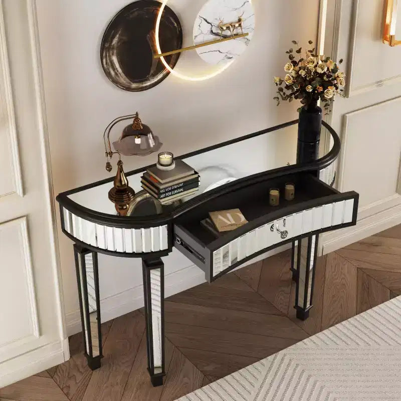 Tavolo consolle a specchio moderno da 47 pollici con cassetto, tavolo da ingresso a mezza luna per corridoio, spogliatoio o soggiorno - Panipeachy