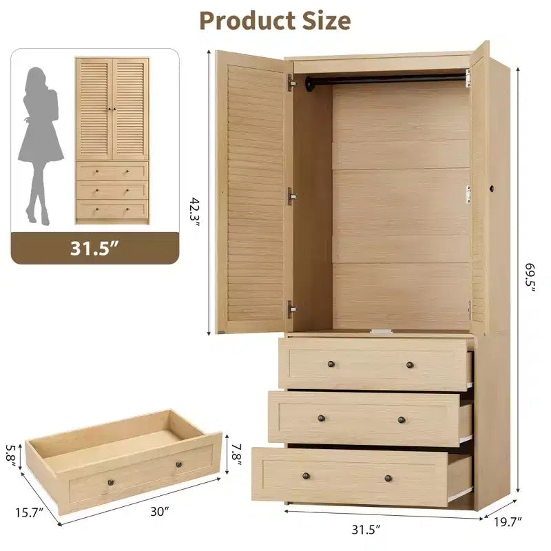 Armadio in legno COZONY con asta appendiabiti e cassetti, armadio a doppia anta per camera da letto