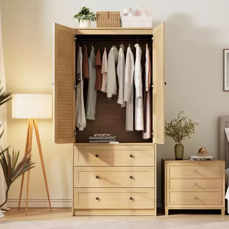 Armadio in legno COZONY con asta appendiabiti e cassetti, armadio a doppia anta per camera da letto