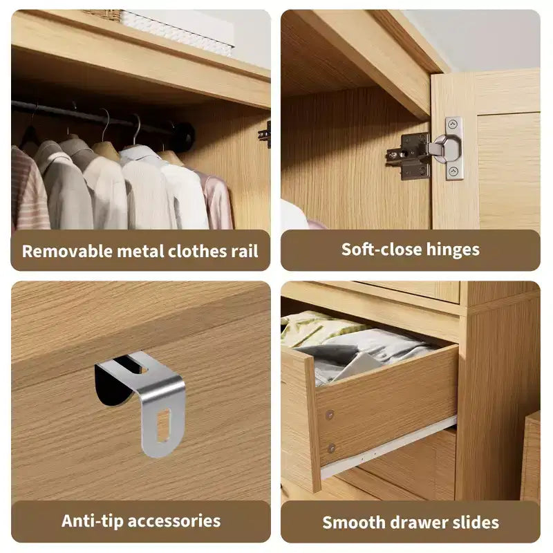Armadio in legno COZONY con asta appendiabiti e cassetti, armadio a doppia anta per camera da letto