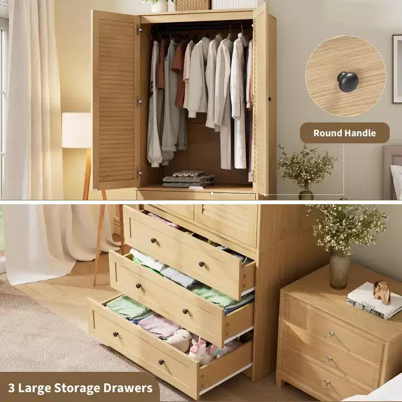 Armadio in legno COZONY con asta appendiabiti e cassetti, armadio a doppia anta per camera da letto