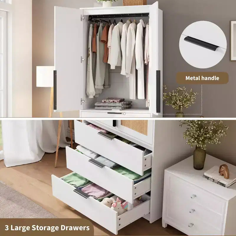 Armadio in legno COZONY con asta appendiabiti e cassetti, armadio a doppia anta per camera da letto