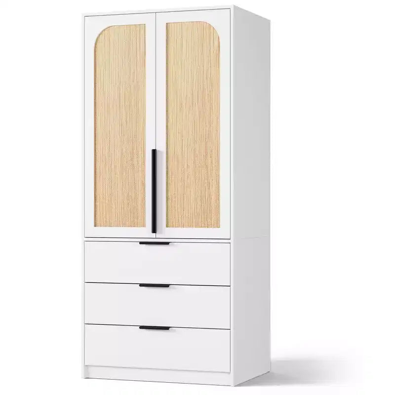 Armadio in legno COZONY con asta appendiabiti e cassetti, armadio a doppia anta per camera da letto