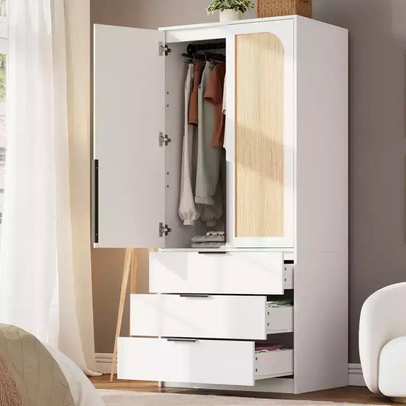 Armadio in legno COZONY con asta appendiabiti e cassetti, armadio a doppia anta per camera da letto