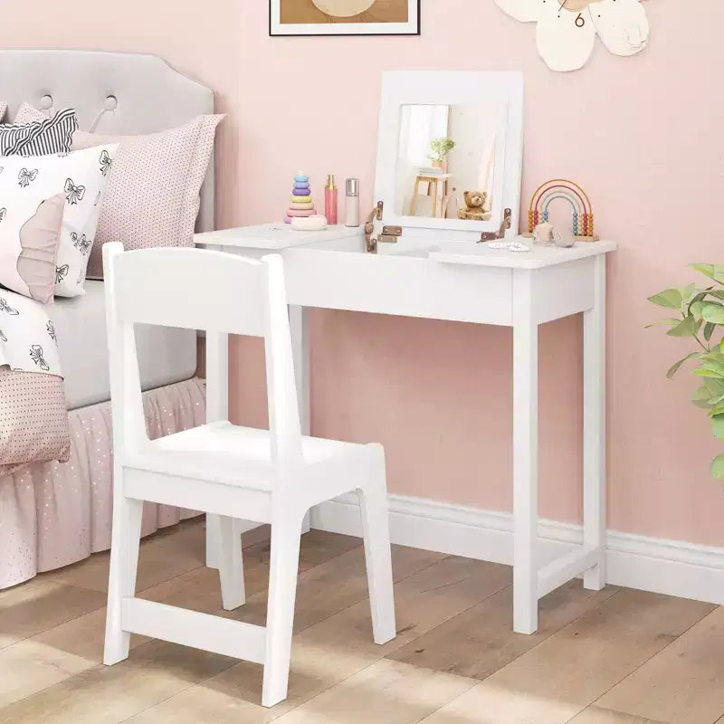 Costway Set Tavolino e Sedia da Toilette per Bambini 2-in-1, Scrivania da Trucco da Principessa