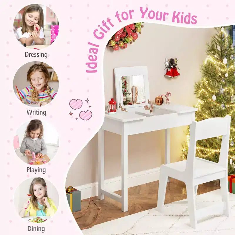 Costway Set Tavolino e Sedia da Toilette per Bambini 2-in-1, Scrivania da Trucco da Principessa
