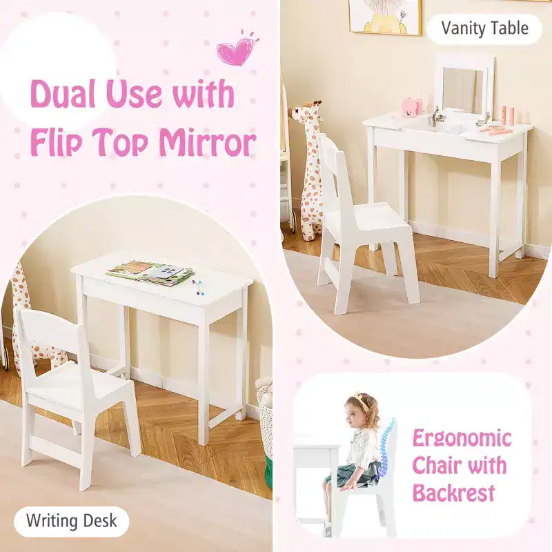 Costway Set Tavolino e Sedia da Toilette per Bambini 2-in-1, Scrivania da Trucco da Principessa