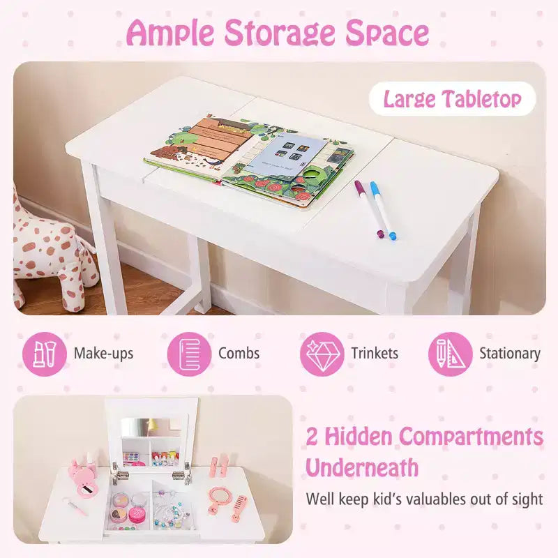 Costway Set Tavolino e Sedia da Toilette per Bambini 2-in-1, Scrivania da Trucco da Principessa